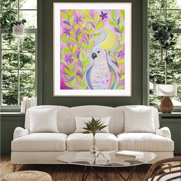 Cockatoo Hairdo Art Print Oil Painting tropical bird plants flowers whimsical - Picture 6 of 10